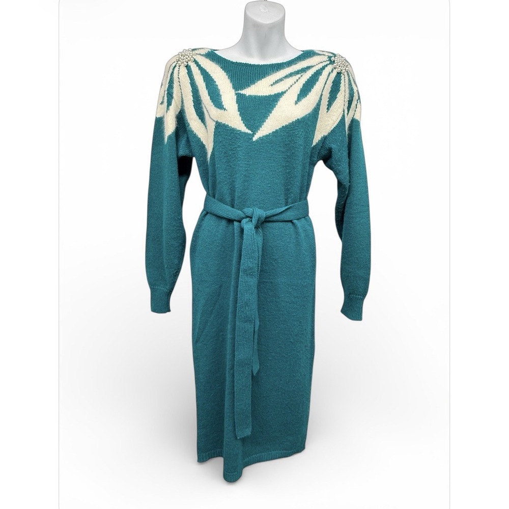 Vintage 80s/90s Christina Grant Teal Sweater Dress Sz Small
